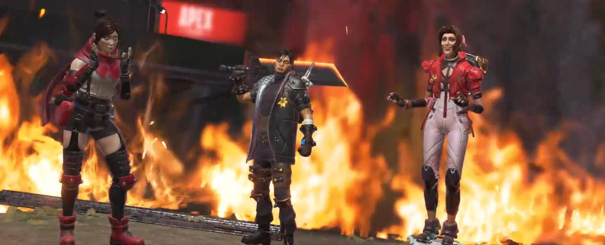 Wraith as Tifa Lockheart, Crypto as Cloud Strife and Horizon as Aerith Gainsborough in Apex Legends x Final Fantasy VII Rebirth Crossover Event.
